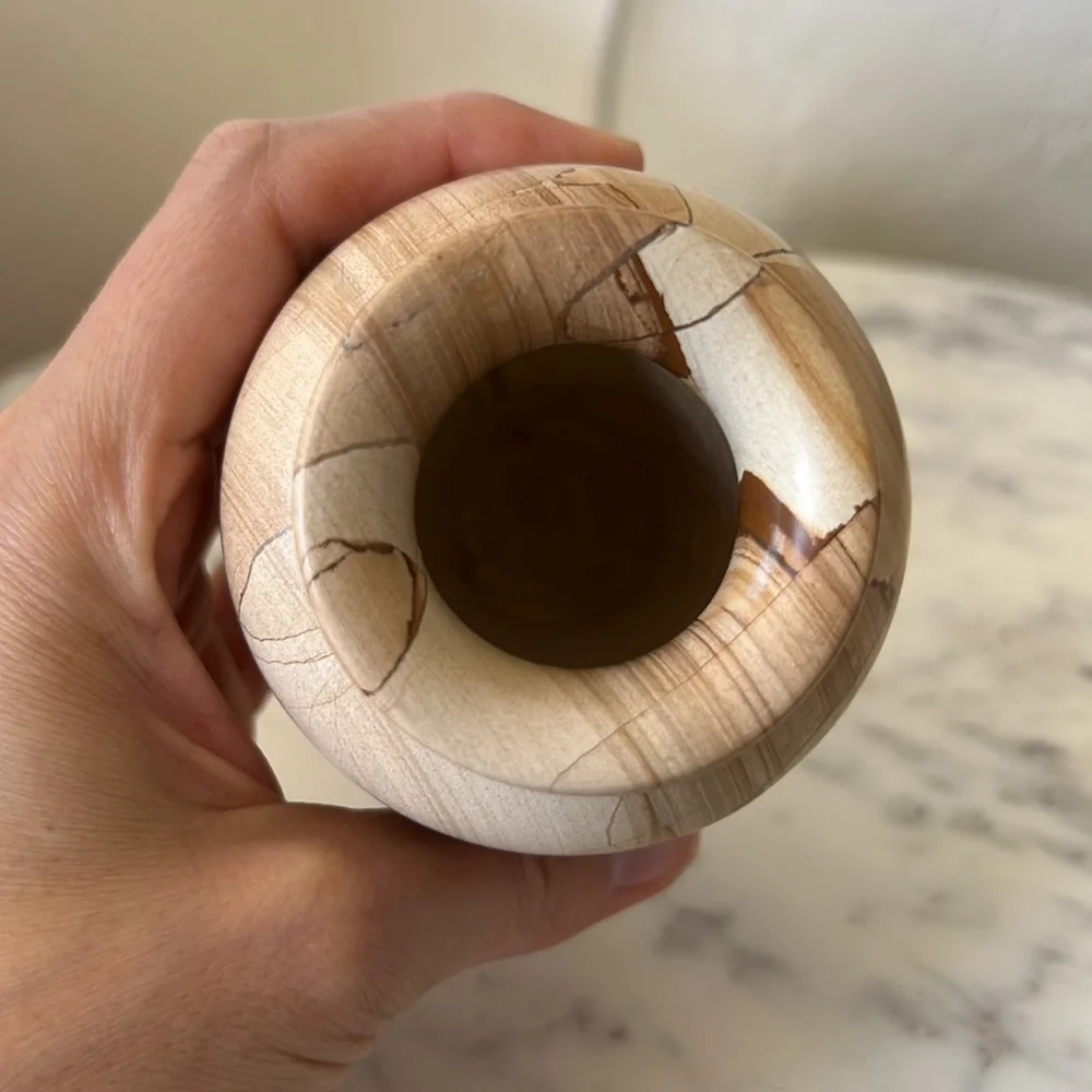 Vintage heavy small stone vase tan beige